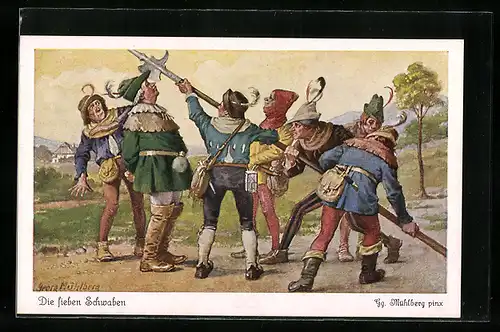 Künstler-AK Georg Mühlberg: Die sieben Schwaben mit Lanze auf einem Feldweg