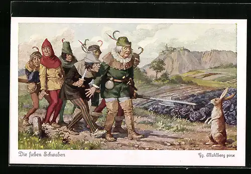 Künstler-AK Georg Mühlberg: Die sieben Schwaben betrachten den Hasen, Märchen