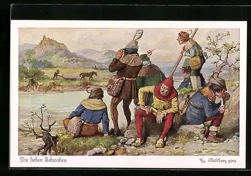 Künstler-AK Georg Mühlberg: Die sieben Schwaben blicken über den Bach, Märchen