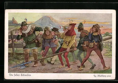 Künstler-AK Georg Mühlberg: Die sieben Schwaben waren schon weit gewandert..., Märchen