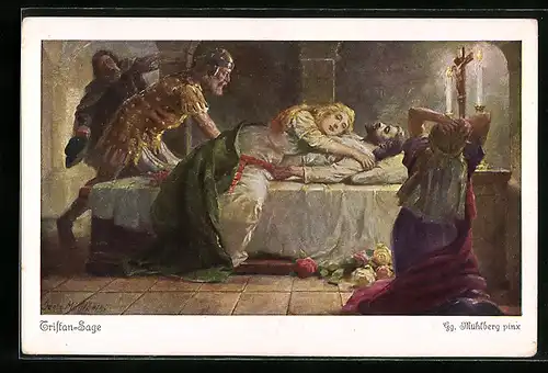 Künstler-AK Georg Mühlberg: Tristan-Sage, Isolde stirbt an der Bahre Tristans