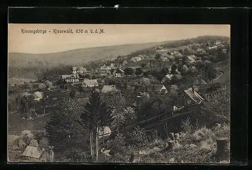 AK Kiesewald i. Riesengebirge, Gesamtansicht von einem Berg aus