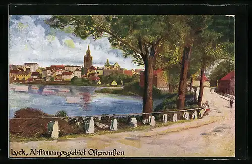 Künstler-AK Lyck, Teilansicht von einer Strasse aus