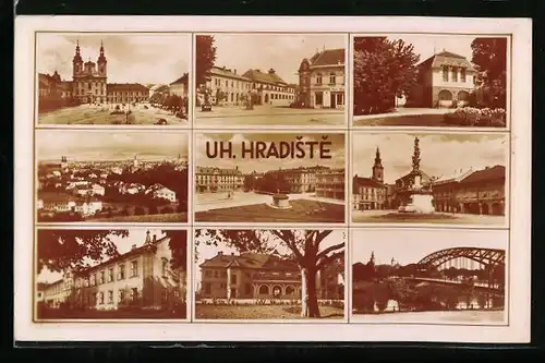 AK Uh. Hradiste, Marktplatz mit Säule, Brücke, Totalansicht