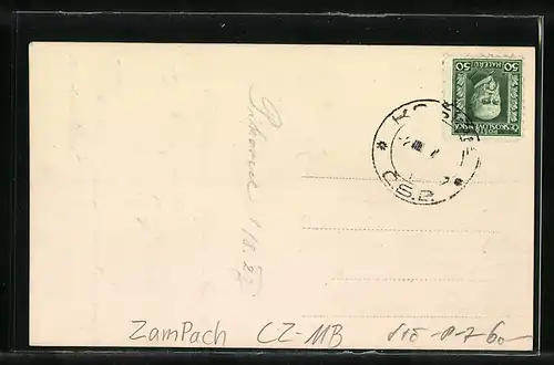 AK Zampach n. Saz., Blick vom Fluss auf Ort und Viadukt