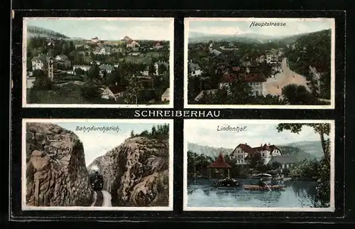 AK Schreiberhau i. Riesengeb., Ortsansicht, Hauptstrasse, Bahndurchbruch, Lindenhof
