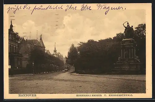 AK Hannover, Hohenzollernstrasse mit Strassenbahn und Kriegerdenkmal