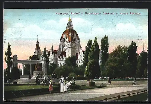 AK Hannover, Rudolf v. Bennigsen Denkmal und neues Rathaus
