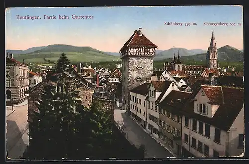 AK Reutlingen, Partie beim Gartentor mit Blick nach Schönberg und Georgenberg