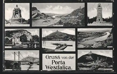 AK Porta Westfalica, Ortsansicht, Kaiser-Wilhelm-Denkmal, Bismarckturm, Jacobsberg, Weserbrücke, Wittekindsberg