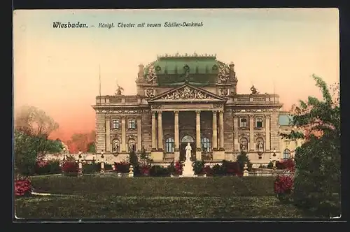 AK Wiesbaden, Königliches Theater mit neuem Schiller-Denkmal