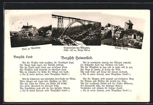 AK Müngsten, Blick zur Brücke, Schloss Burg und Dom zu Altenberg, Text Bergisch Heimatlied