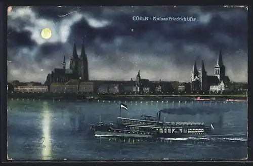 AK Köln, Kaiser Friedrich Ufer, Blick zum Dom, Rheinpartie mit Dampfer