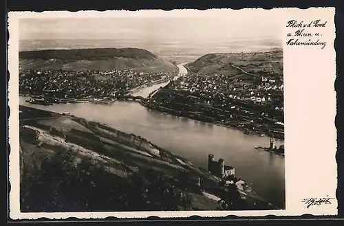 AK Bingen / Rhein, Blick von der Ruine Rossel auf Rhein und Nahemündung