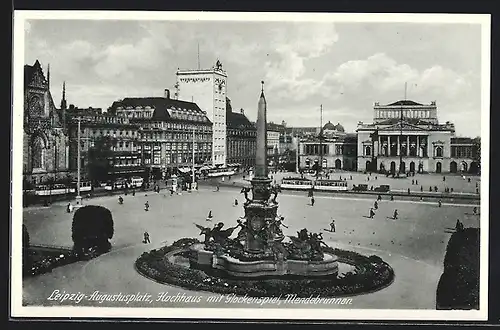 AK Leipzig, Augustusplatz, Hochhaus mit Glockenspiel, Mendebrunnen