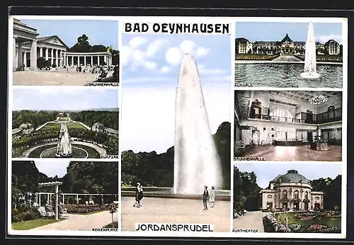 AK Bad Oeynhausen, Jordansprudel, Brunnenhalle, Kurpark, Rosenplatz, Kurhaus und Kurtheater