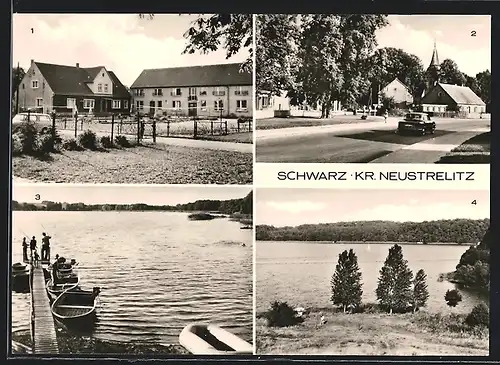 AK Schwarz b. Neustrelitz, Ferienheim des VEB Kreisbetriebs, Bootshafen am Zethner See, Am Schwarzen See