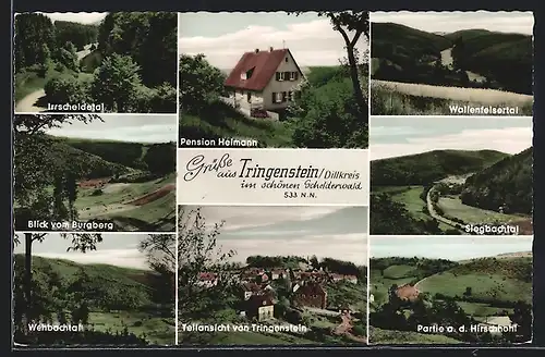 AK Tringenstein / Dillkreis, Hotel-Pension Heimann, Blick vom Burgberg, Siegbachtal und Wallenfelsertal