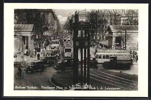 AK Berlin-Tiergarten, Potsdamer Platz mit Verkehrsturm, Blick i. d. Leipzigerstr.