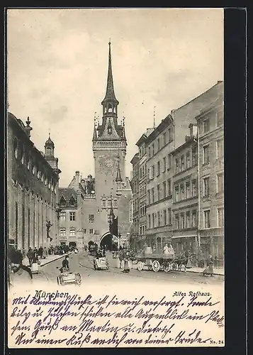AK München, Altes Rathaus mit Geschäften und Pferdewagen
