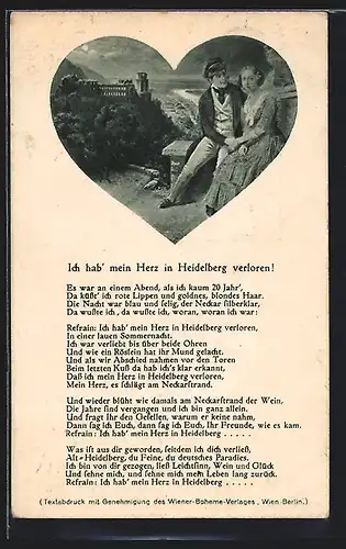 AK Heidelberg, Blick zum Schloss, Verliebtes Paar auf einer Bank, Lied Ich hab` mein Herz in Heidelberg verloren