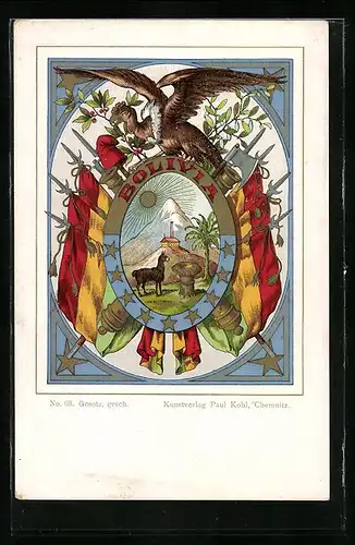 Künstler-AK Bolivien, Wappen und Fahnen