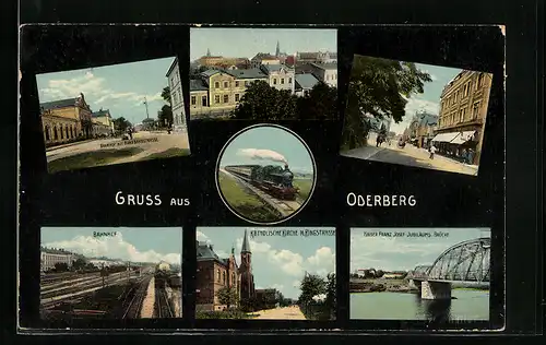 AK Oderberg, Bahnhof, Kath. Kirche mit Ringstrasse, Kaiser Franz Josef-Jubiläumsbrücke