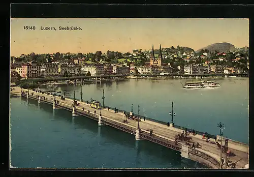 AK Luzern, Strassenbahn auf der Seebrücke