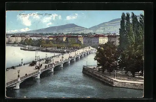 AK Genf, Panorama über die Stadt mit Mont Blanc, Strassenbahn