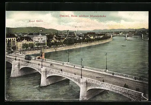AK Basel, Neue mittlere Rheinbrücke mit Strassenbahn, Hotel Kraft