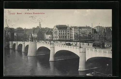 AK Basel, Strassenbahn auf der Mittleren Rheinbrücke