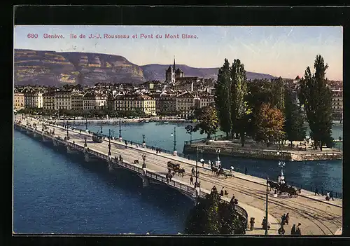 AK Genève, Ile de J.- J. Rousseau et Pont du Mont Blanc, Strassenbahn