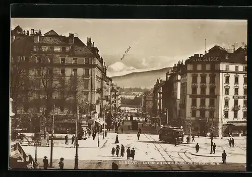 AK Genève, La rue du Mont Blanc et le Mont Blanc, Strassenbahn