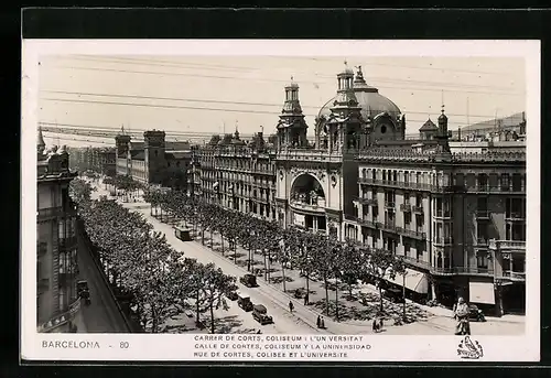 AK Barcelona, Rue de Cortes, Colisee et L`Universite, Strassenbahn