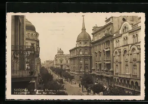 AK Belgrade, Rue Roi Milan, Strassenbahn