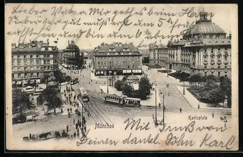 AK München, Strassenbahnen auf dem Karlsplatz