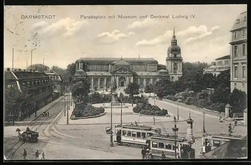 AK Darmstadt, Strassenbahnverkehr auf dem Paradeplatz