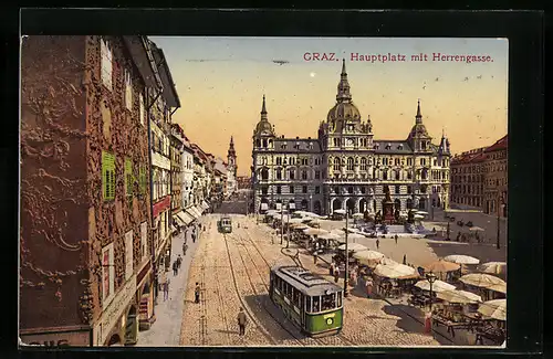AK Graz, Hauptplatz mit Rathaus, Strassenbahnen, Marktstände