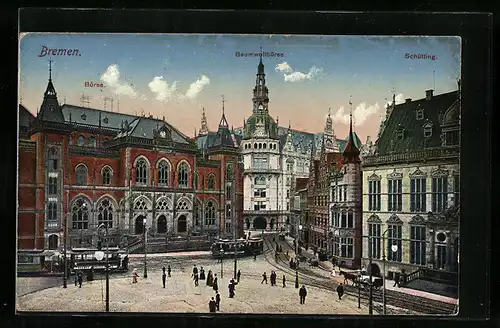 AK Bremen, Marktplatz mit Strassenbahnverkehr und Baumwollbörse