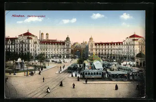 AK München, Karlstorrondell, Brunnen, Strassenbahn