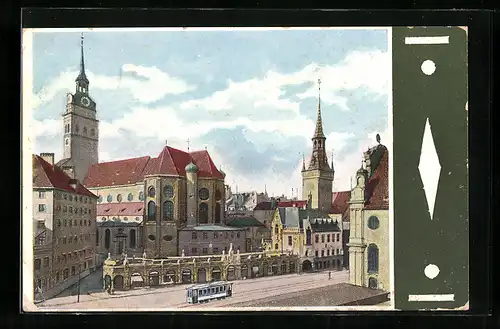 AK München, Peterskirche und Viktualienmarkt, Strassenbahn