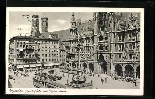 AK München, Strassenbahnen auf dem Marienplatz mit Mariensäule