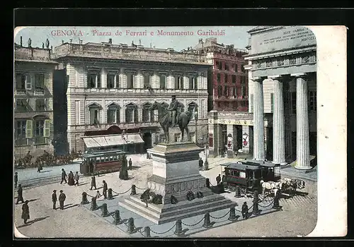 AK Genova, Piazza de Ferrari e Monumento Garibaldi, Strassenbahn