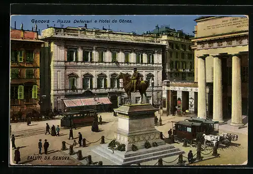 AK Genova, Piazza Deferrari e Hotel de Genes, Strassenbahn