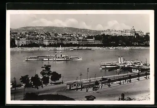 AK Budapest, Donauansicht mit Strassenbahn