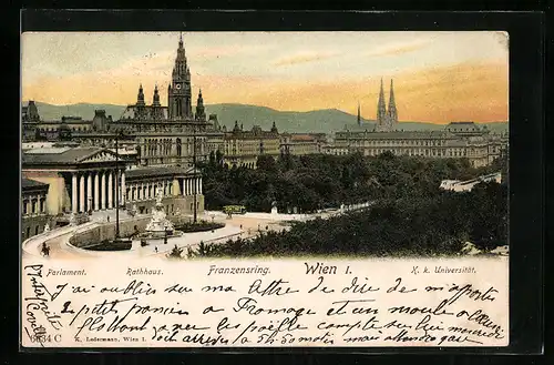 AK Wien I., Franzensrring mit Strassenbahn, Rathaus, Parlament, K. k. Universität