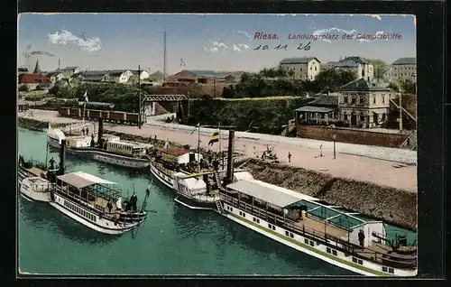 AK Riesa, Landungsplatz der Elbe-Dampfschiffe Riesa u. a.