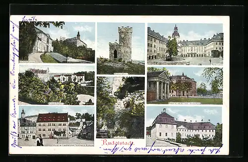 AK Rudolstadt, Markt mit Rathaus, Schillerhöhe, Weinbergstrasse & Schlosshof
