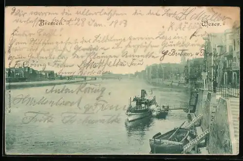 AK Bremen, Teilansicht mit Schiffen an der Weser