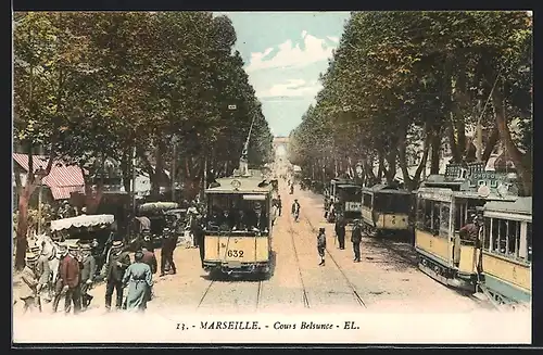AK Marseille, Cours Belsunce mit Strassenbahnen und Leuten